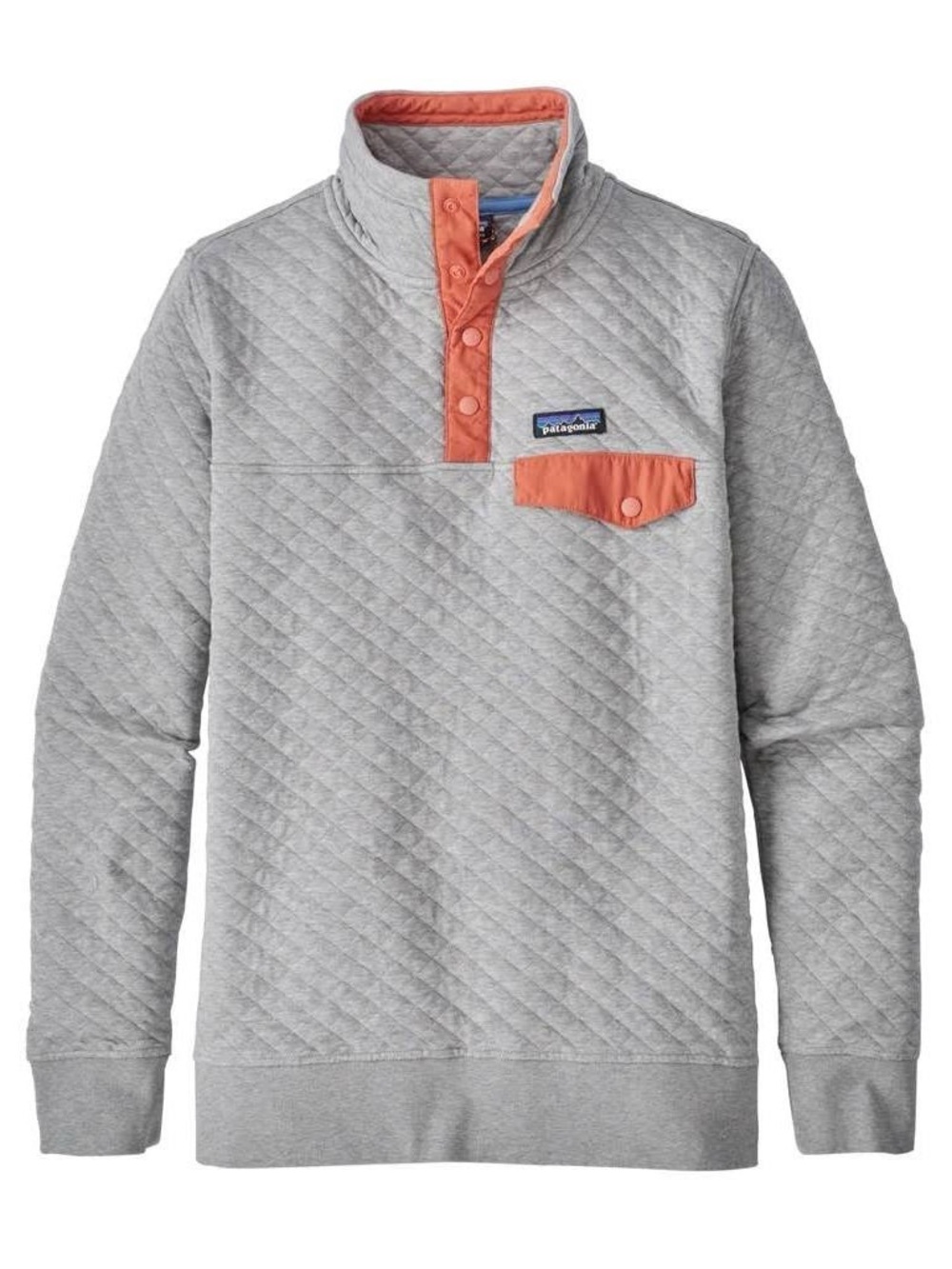Patagonia Men’s Quilted Light Gray Crewneck Sweater with Tan Snap Placket